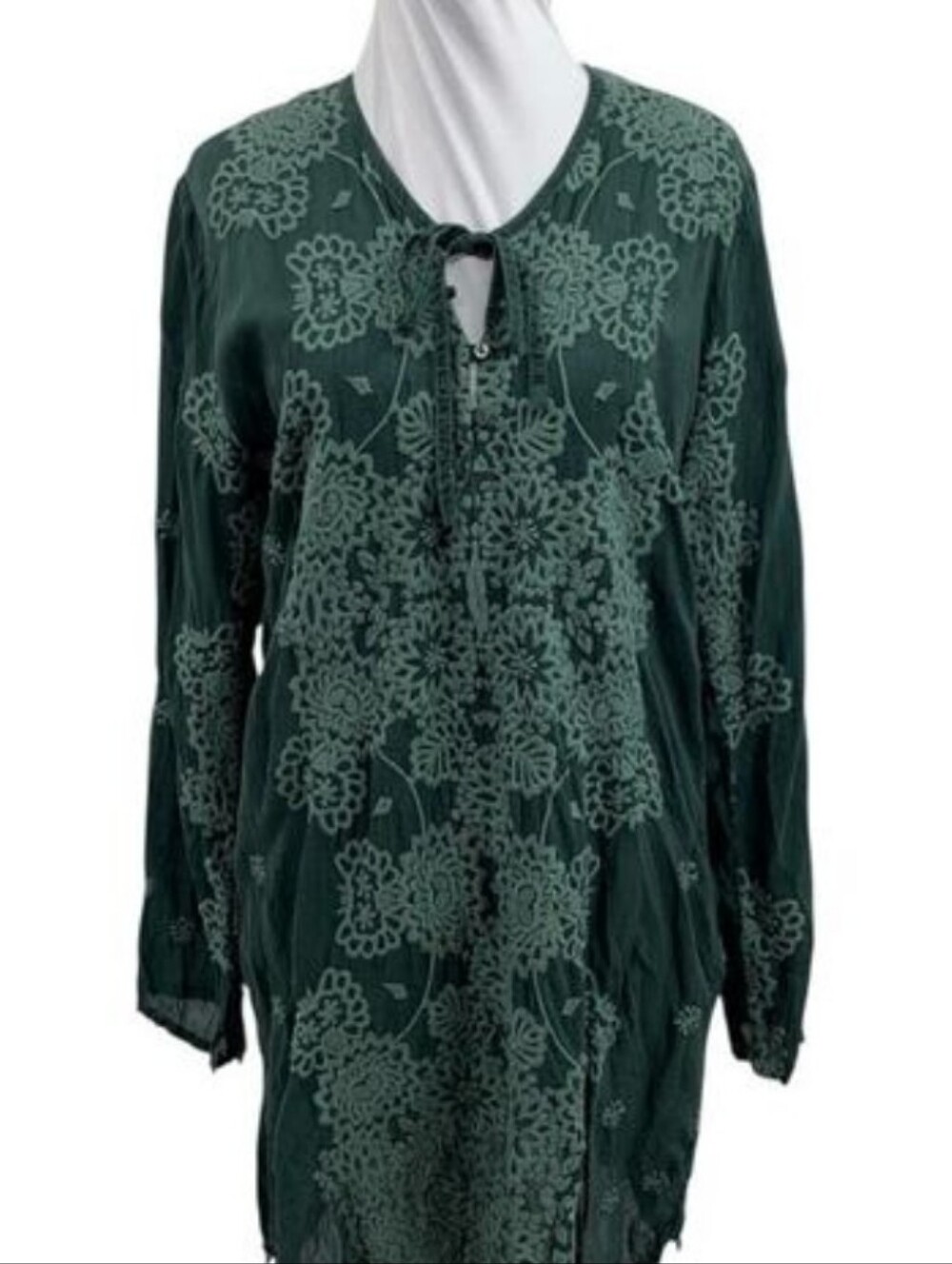 Johnny Was Blouse Womens S Small Forest Green Embroidered Floral Keyhole Tunic